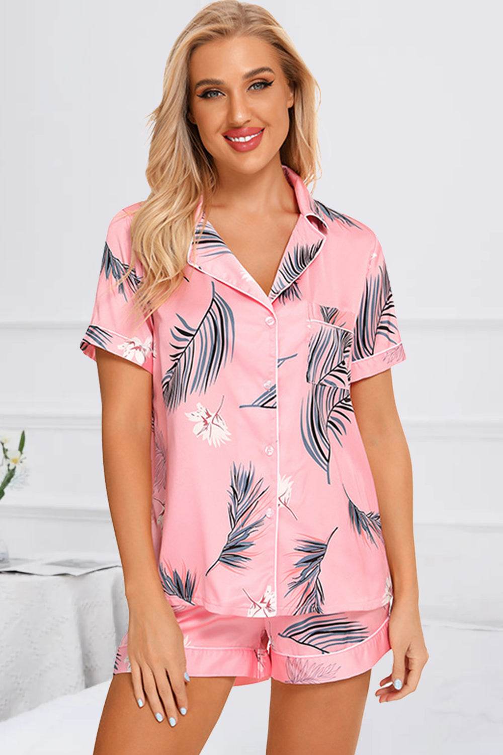 Printed Button Up Short Sleeve Top and Shorts Lounge Set - DaTrendStore.Com