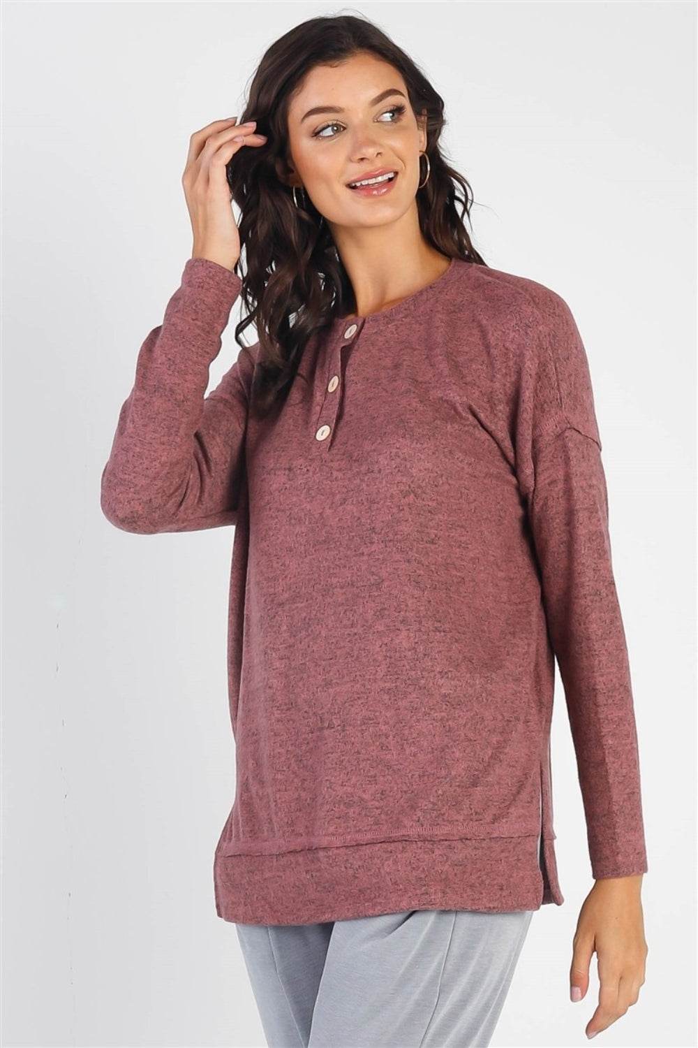 Cherish Apparel Flannel Long Sleeve Slit Top - DaTrendStore.Com
