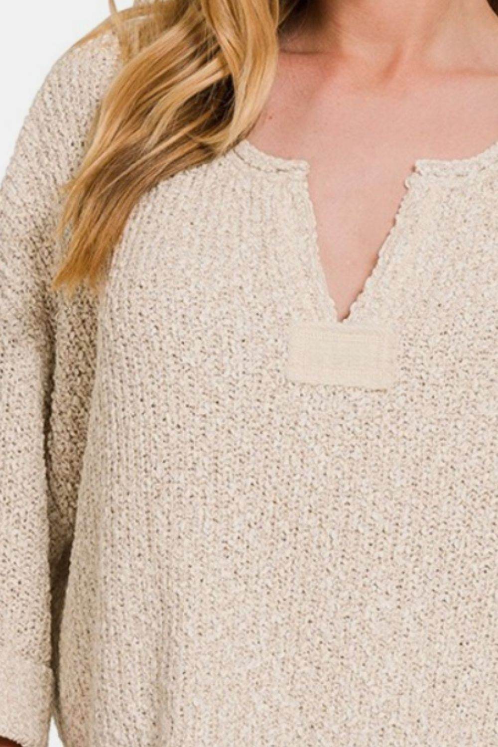 Zenana Notched Side Slit Patch Sweater - DaTrendStore.Com