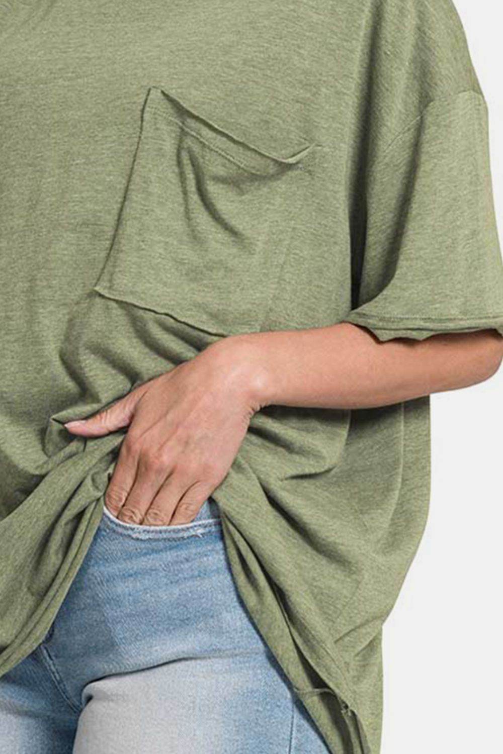 Zenana Drop Shoulder Oversized Front Pocket T-Shirt - DaTrendStore.Com