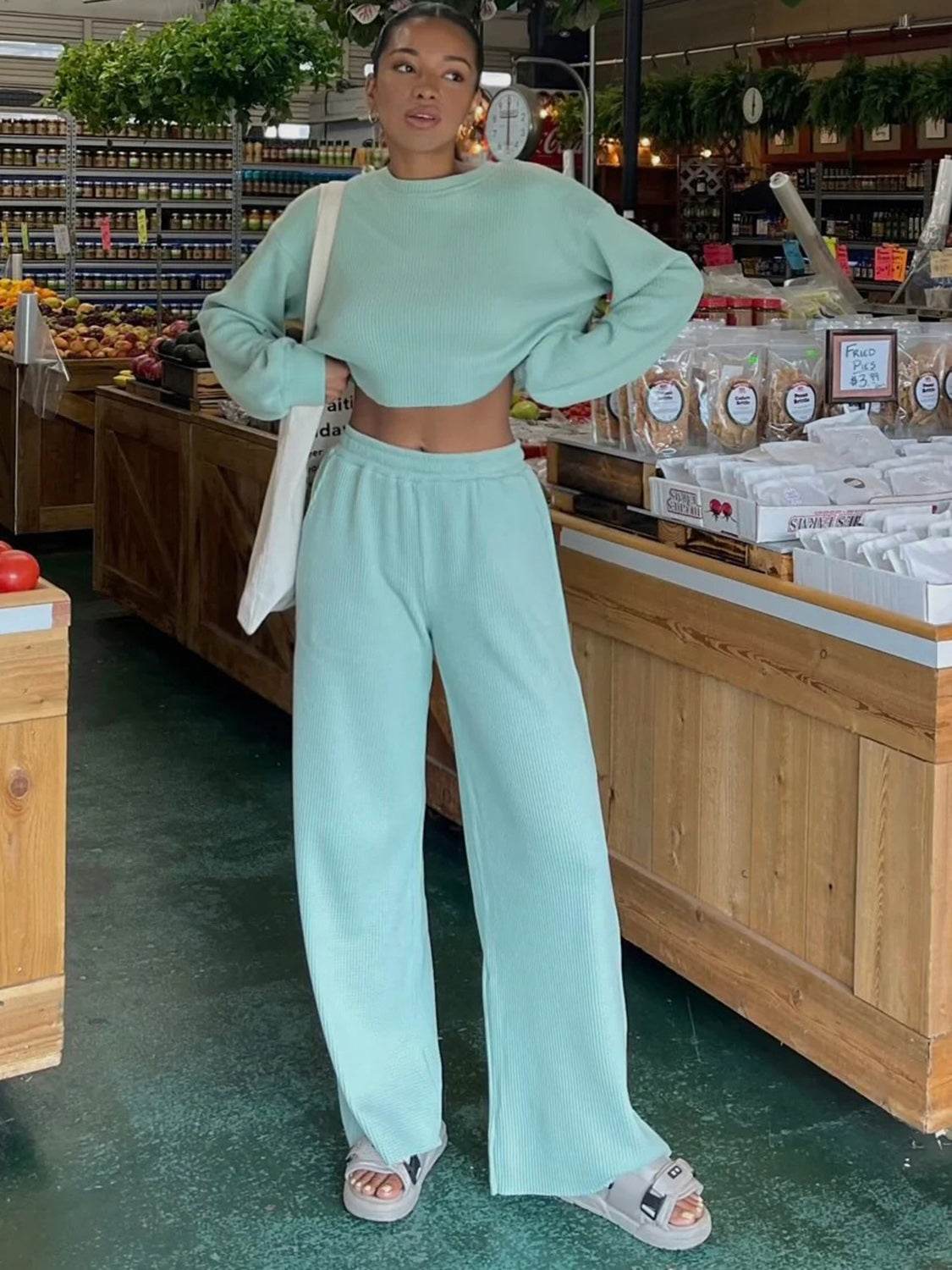 Waffle-Knit Round Neck Top and Pants Set - DaTrendStore.Com
