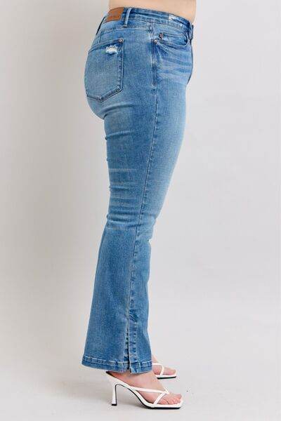 Judy Blue HW Tummy Control Vintage Wash Side Slit Slim Boot Jeans - DaTrendStore.Com