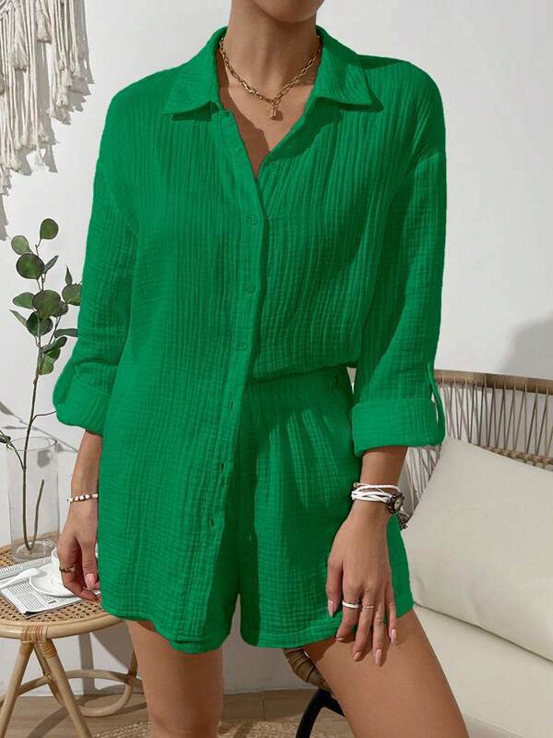 Dropped Shoulder Button Up Top and Elastic Waist Shorts Set - DaTrendStore.Com