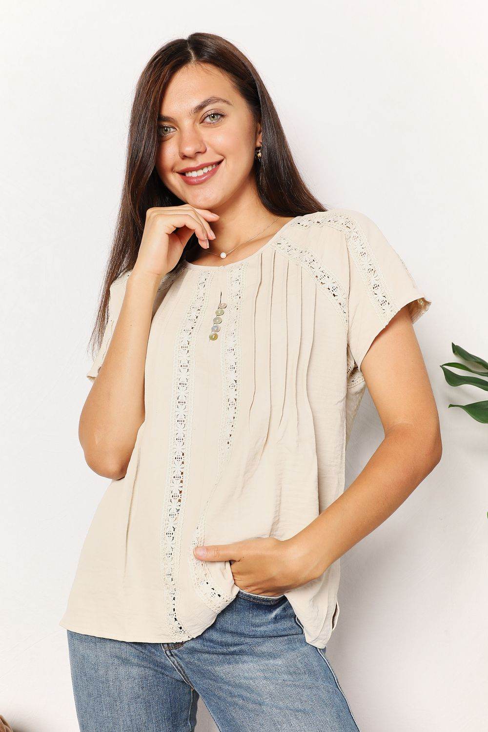 Double Take Crochet Buttoned Short Sleeves Top - DaTrendStore.Com