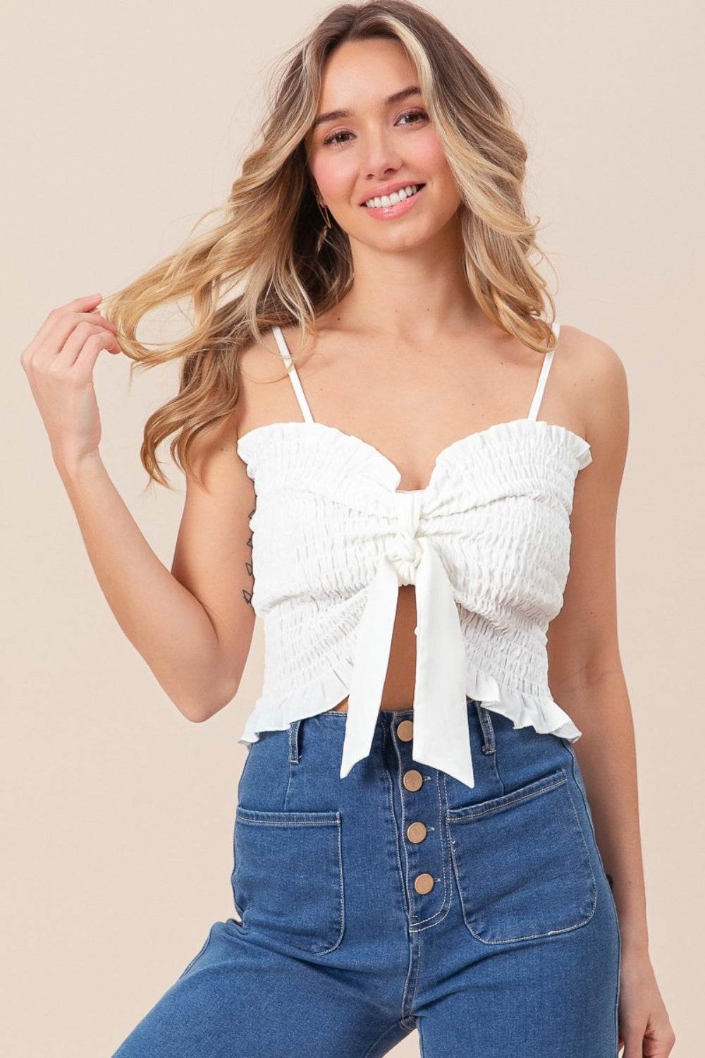 BiBi Ruffled Smocked Ribbon Detail Cami - DaTrendStore.Com
