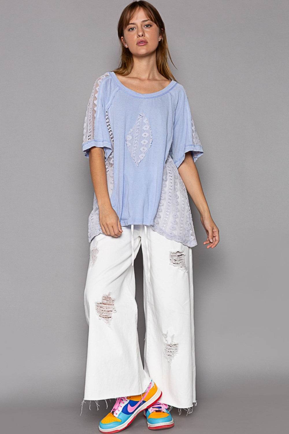 POL Short Sleeve Lace Crochet Panel Top - DaTrendStore.Com