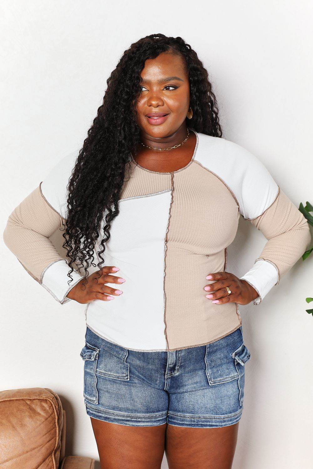 Double Take Color Block Exposed Seam Top - DaTrendStore.Com