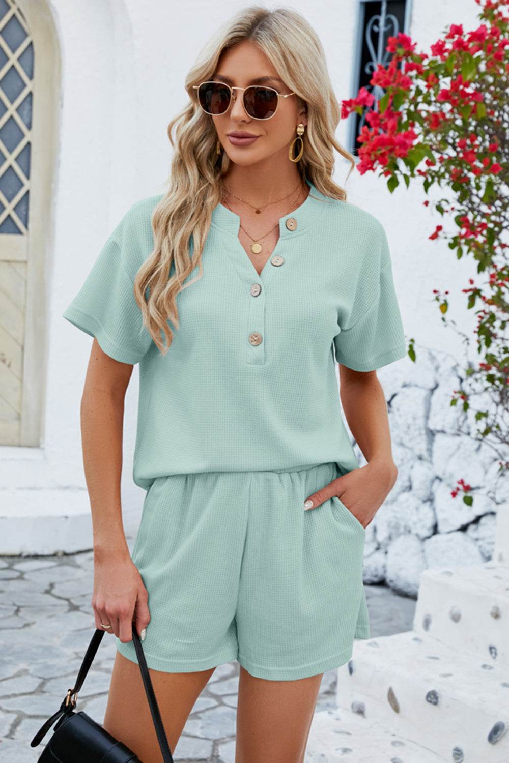 Notched Button Detail Dropped Shoulder Top and Shorts Set - DaTrendStore.Com