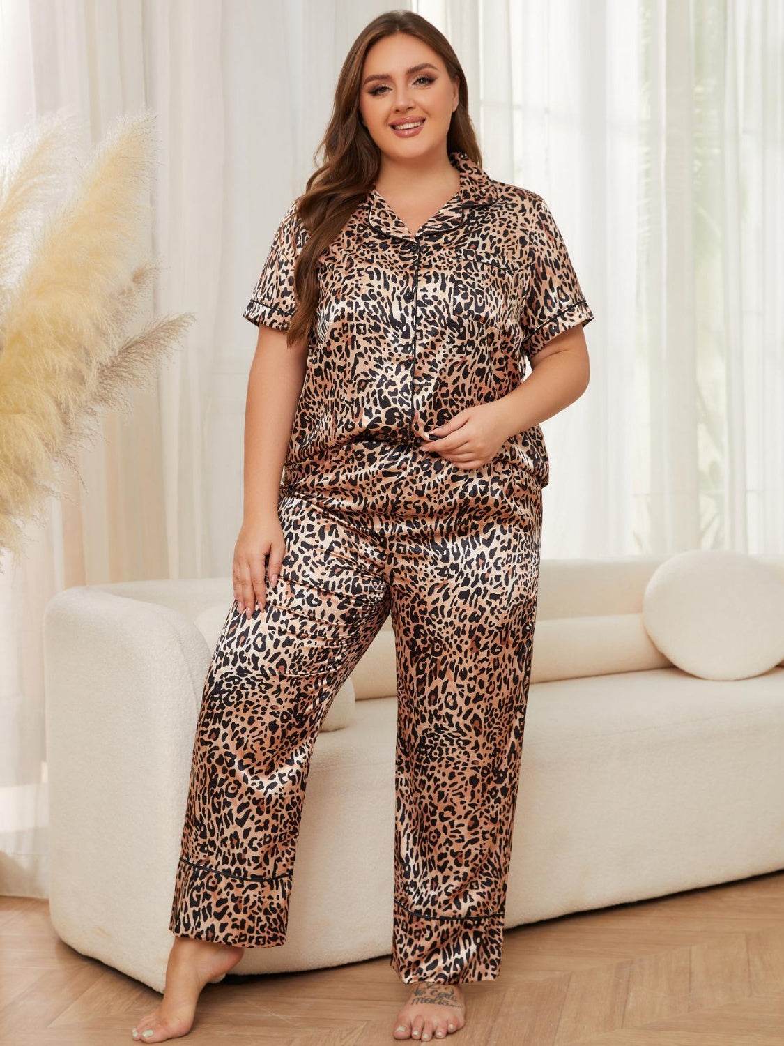 Plus Size Leopard Short Sleeve Top and Pants Lounge Set - DaTrendStore.Com