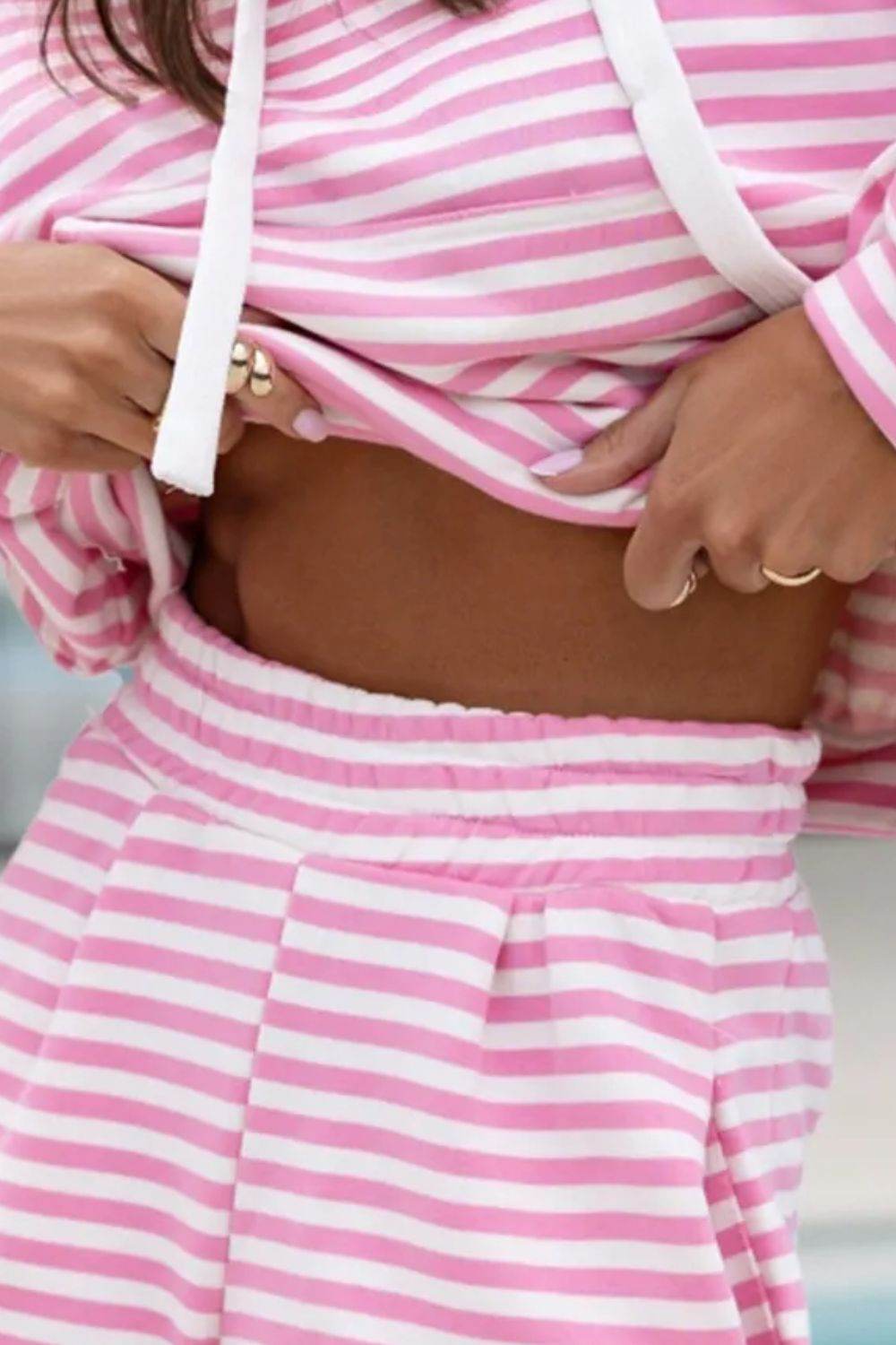 Drawstring Striped Hooded Top and Shorts Set - DaTrendStore.Com