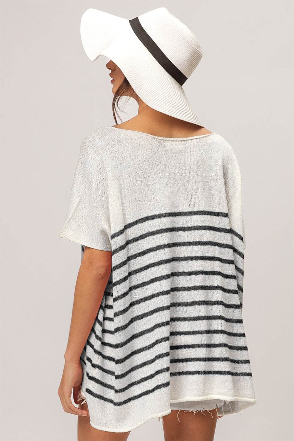 BiBi V Neck Striped Short Sleeve Top - DaTrendStore.Com