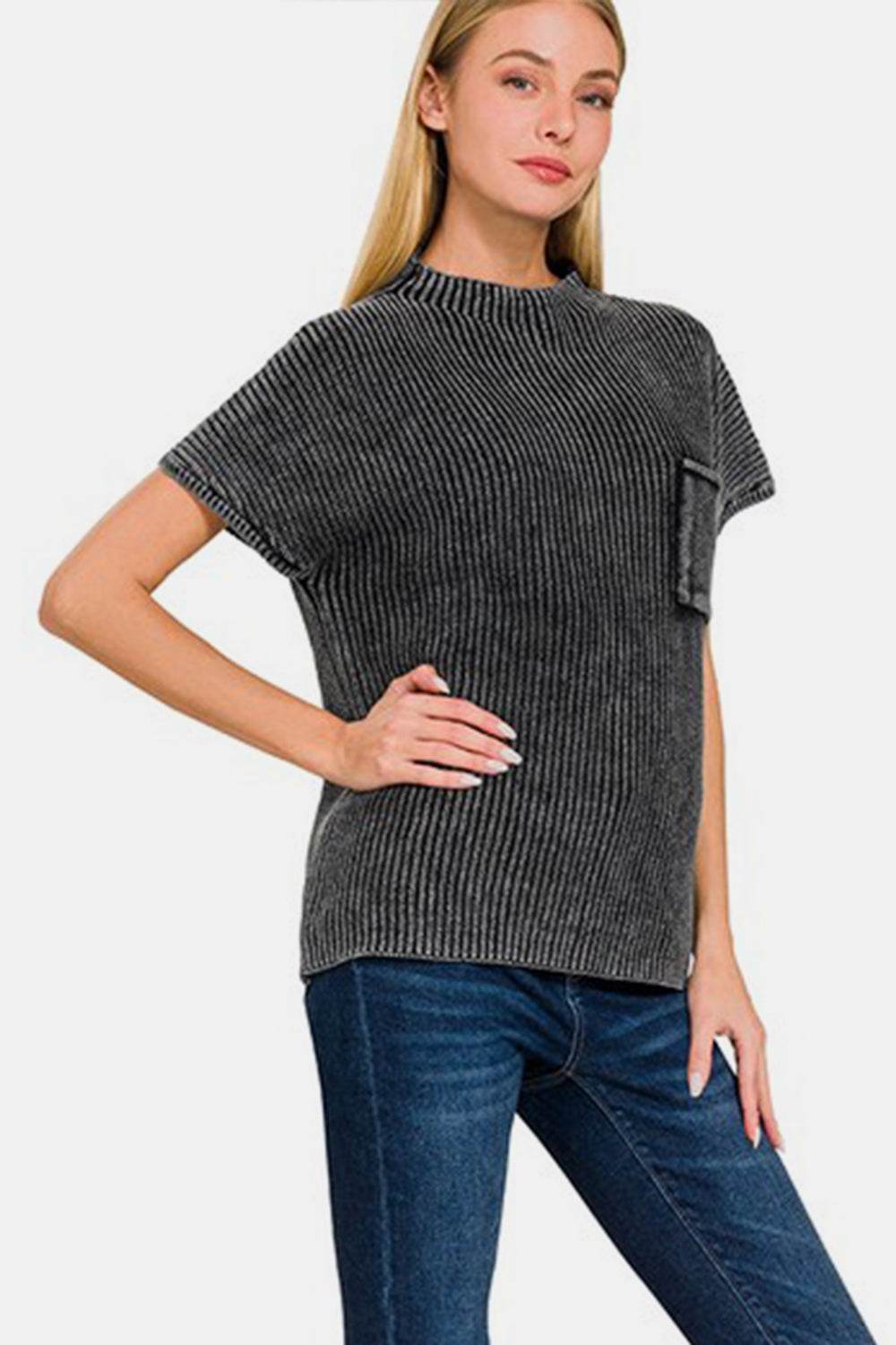 Zenana Pocketed Mock Neck Short Sleeve Sweater - DaTrendStore.Com