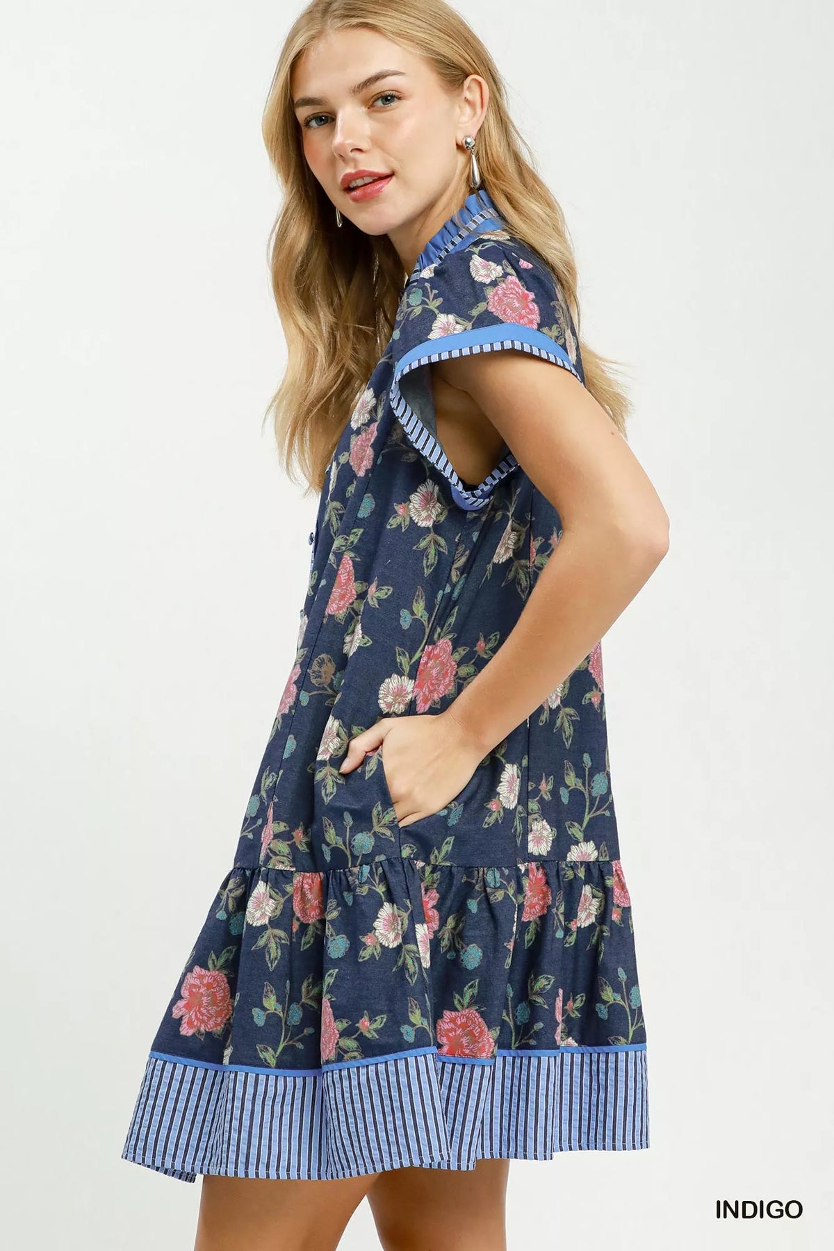 Umgee Floral Contrast Trim Ruffle Hem Mini Dress - Indigo