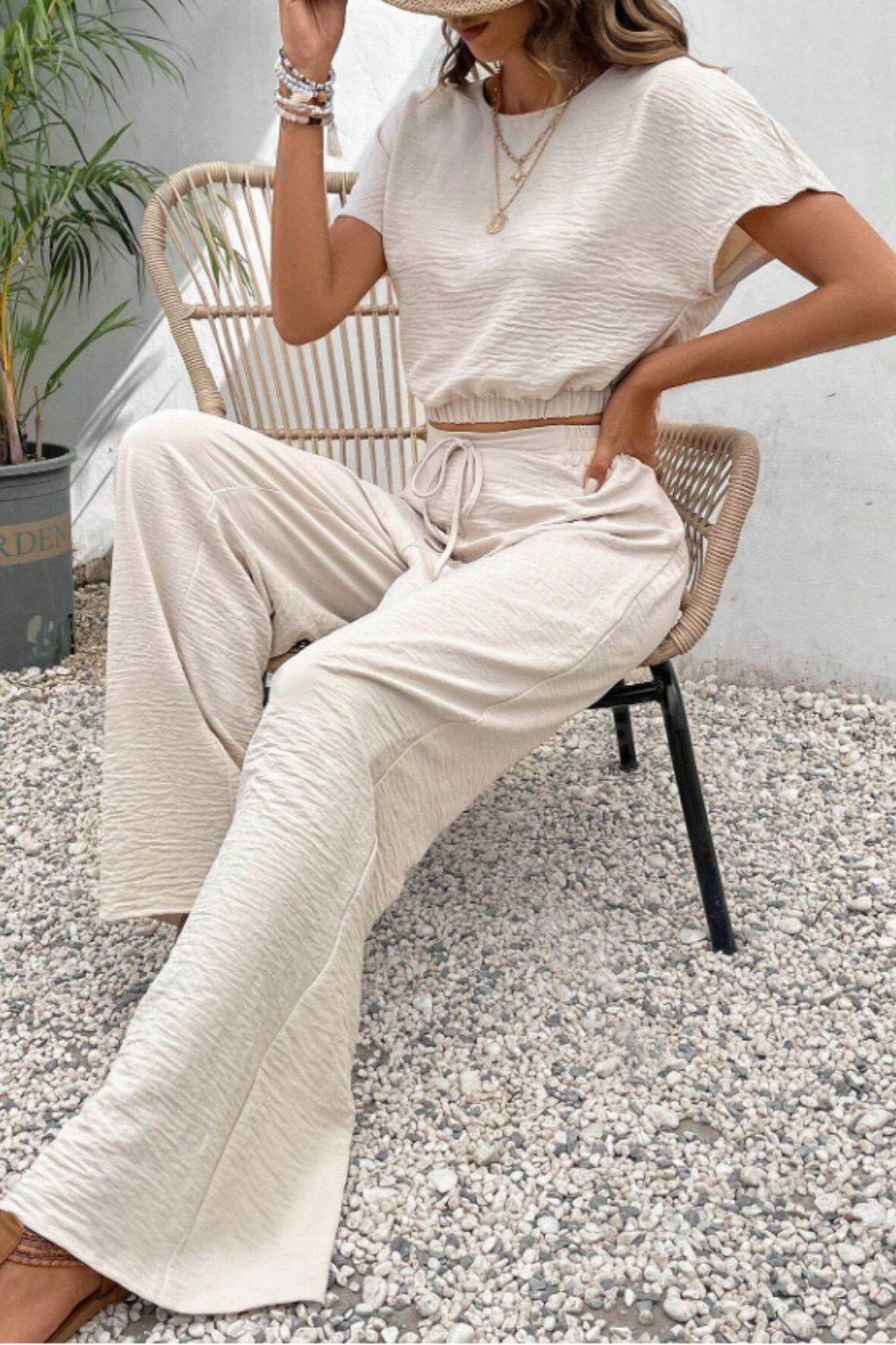 Round Neck Short Sleeve Top and Pants Set - DaTrendStore.Com
