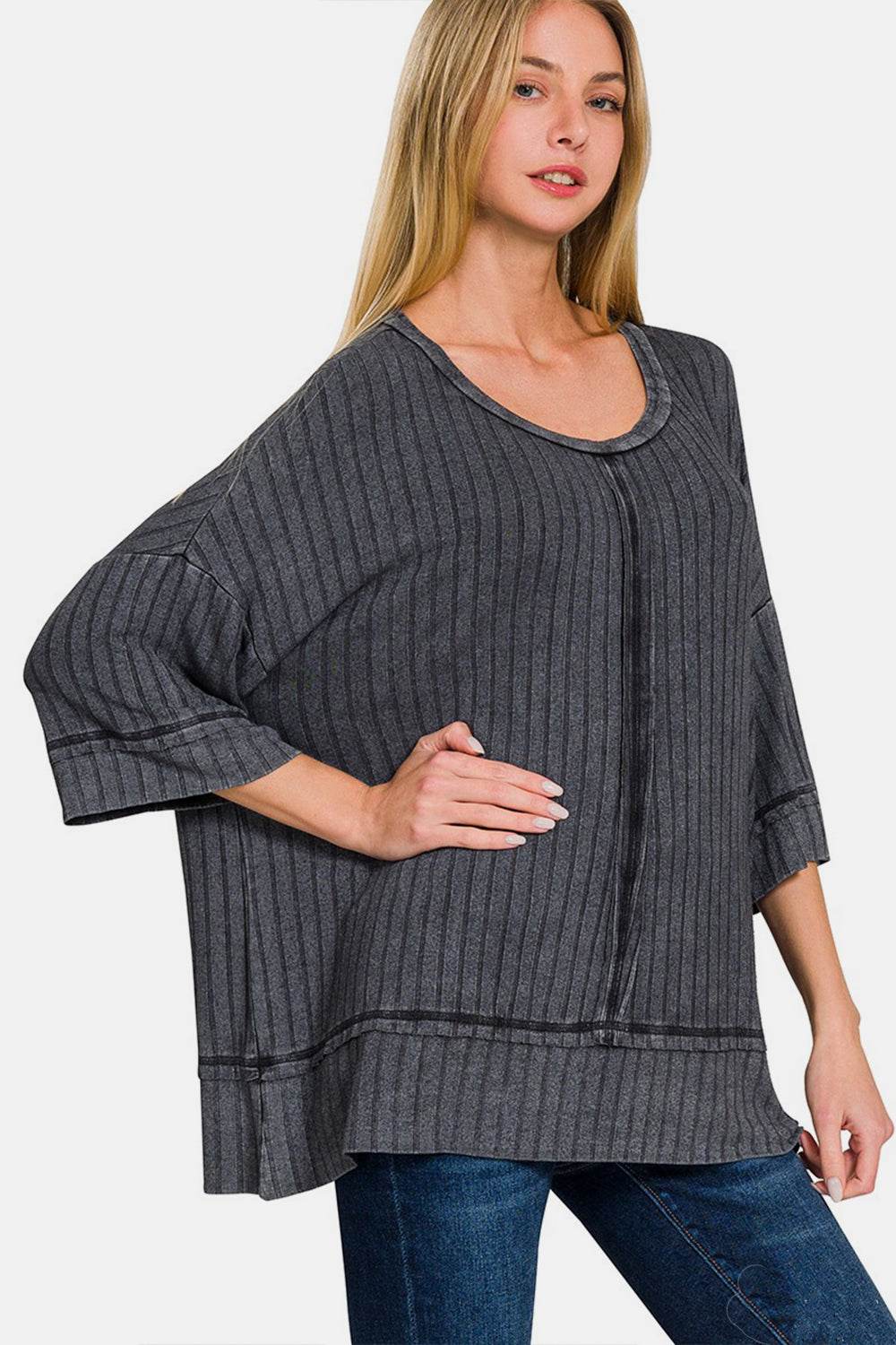 Zenana Washed Ribbed Drop Shoulder Half Sleeve Top - DaTrendStore.Com