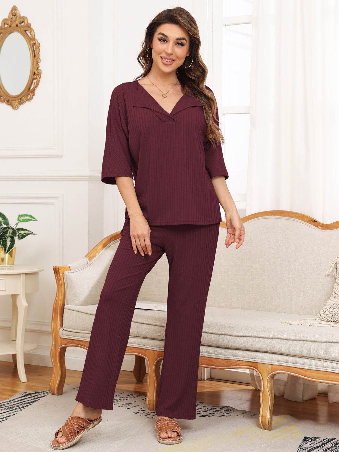 Ribbed Half Sleeve Top and Pocketed Pants Set - DaTrendStore.Com