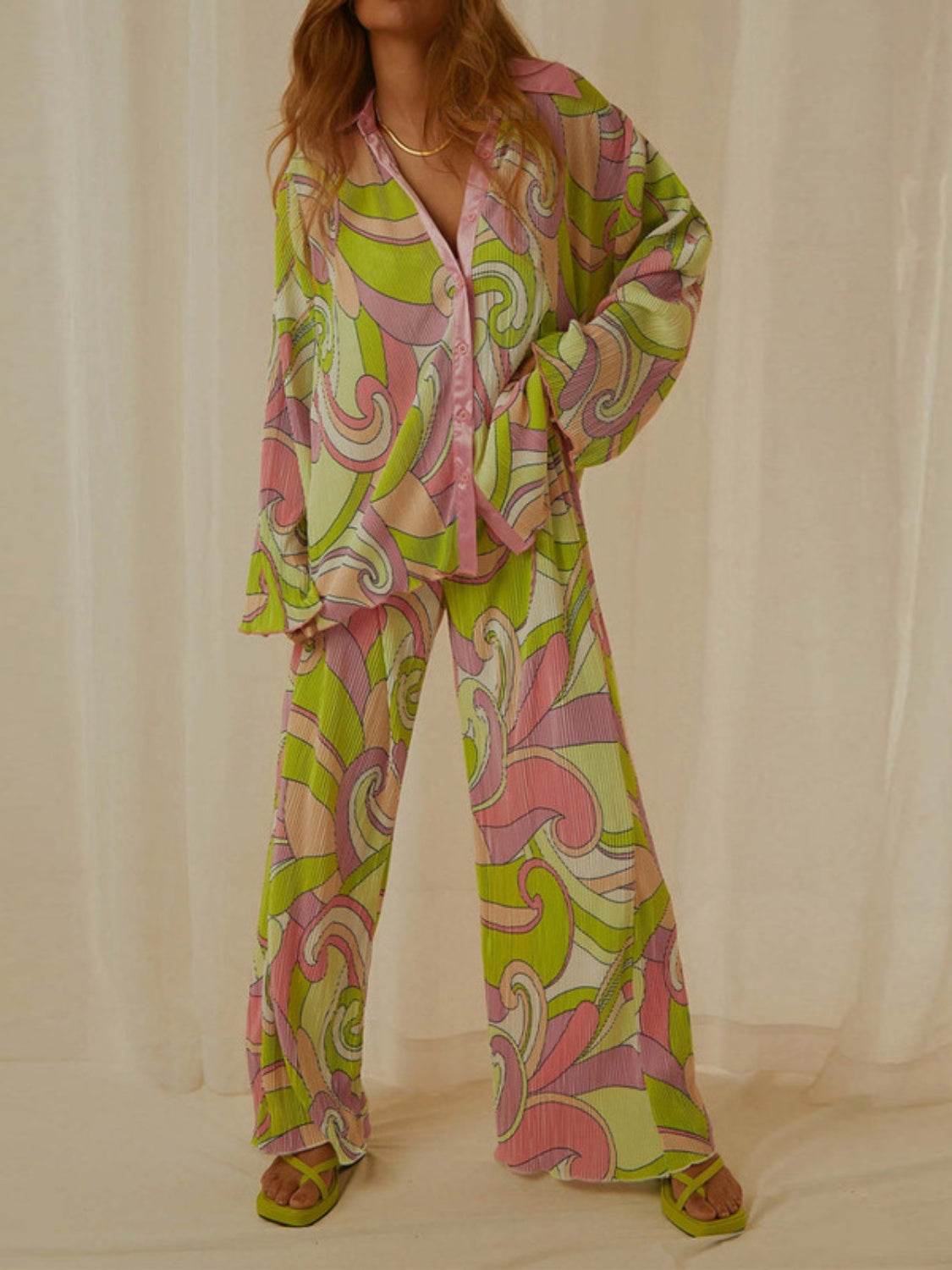 Printed Collared Neck Long Sleeve Top and Pants Lounge Set - DaTrendStore.Com