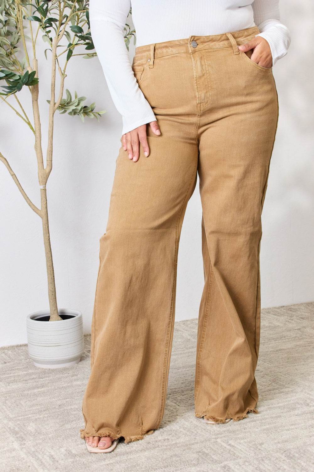 RISEN Full Size Fringe Hem Wide Leg Jeans - DaTrendStore.Com