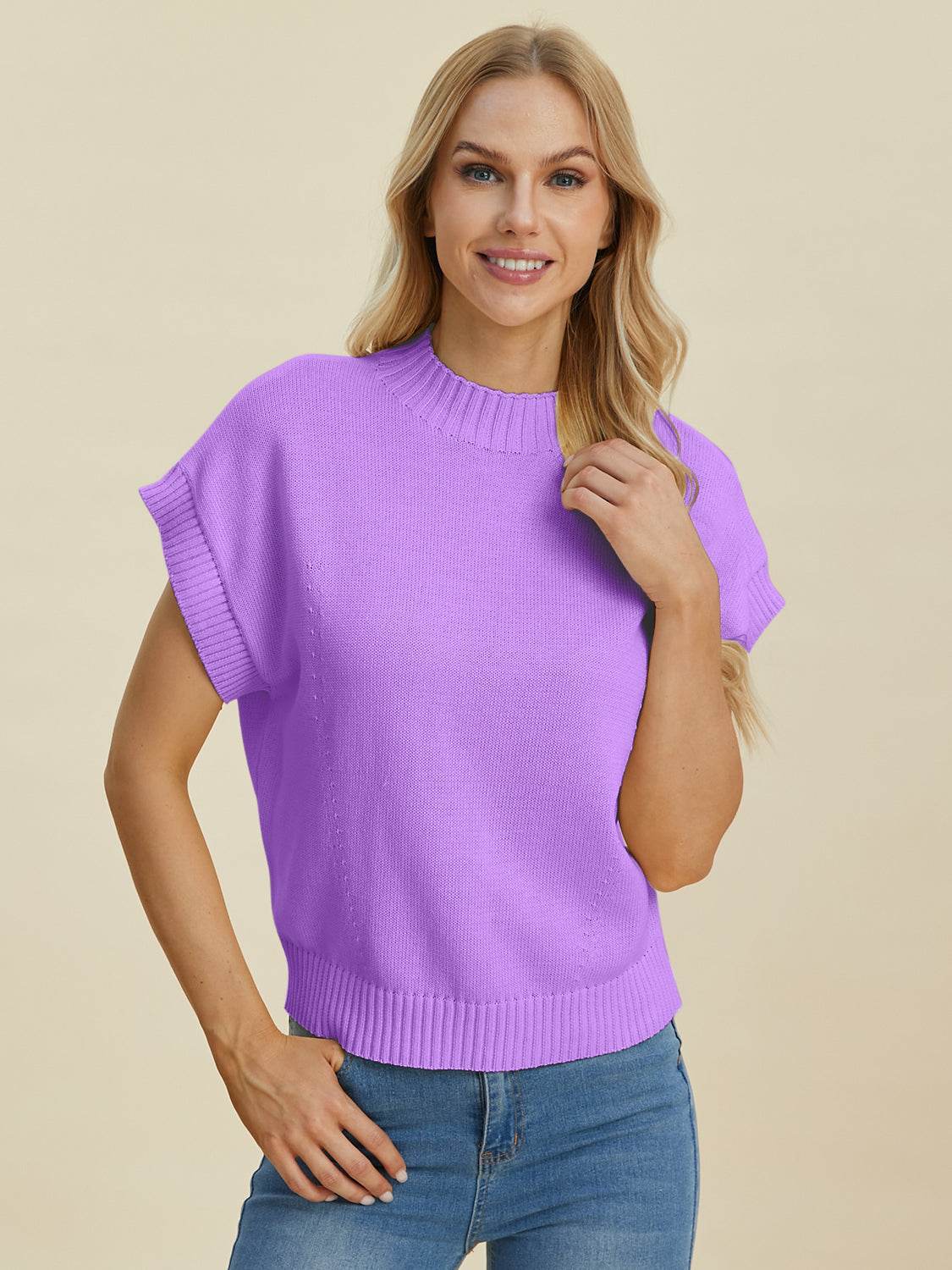 Double Take Full Size Mock Neck Short Sleeve Sweater - DaTrendStore.Com