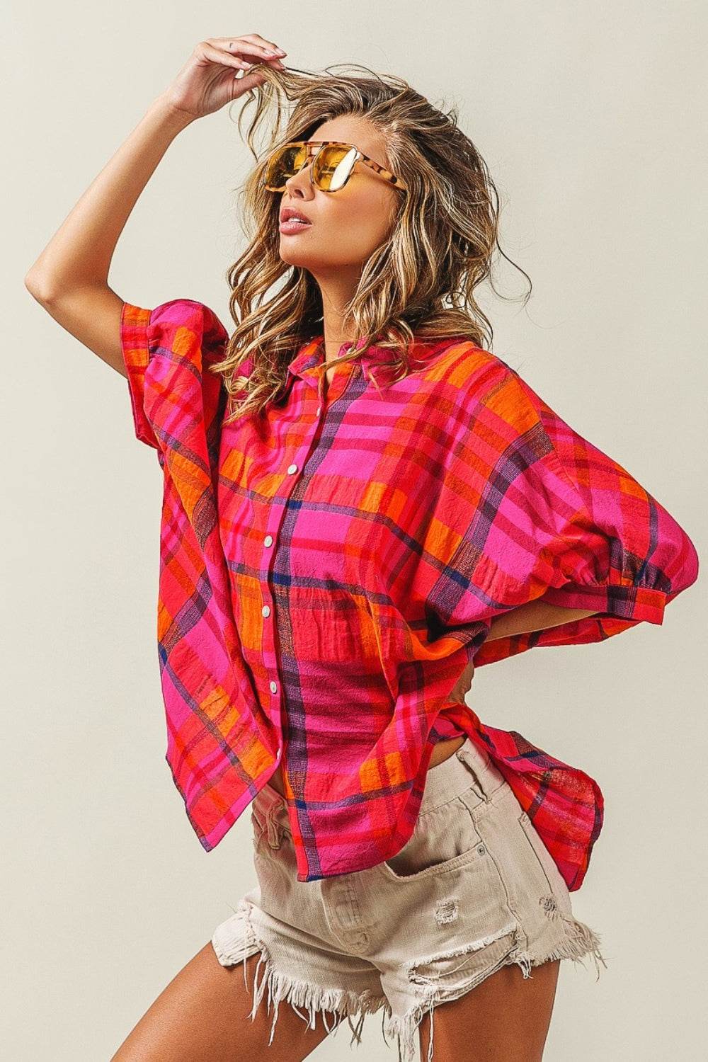 BiBi Button Up Dolman Sleeve Plaid Shirt - DaTrendStore.Com