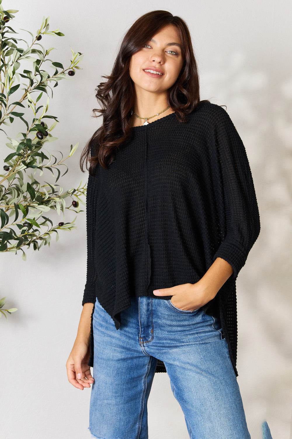 Zenana Full Size Round Neck High-Low Slit Knit Top - DaTrendStore.Com