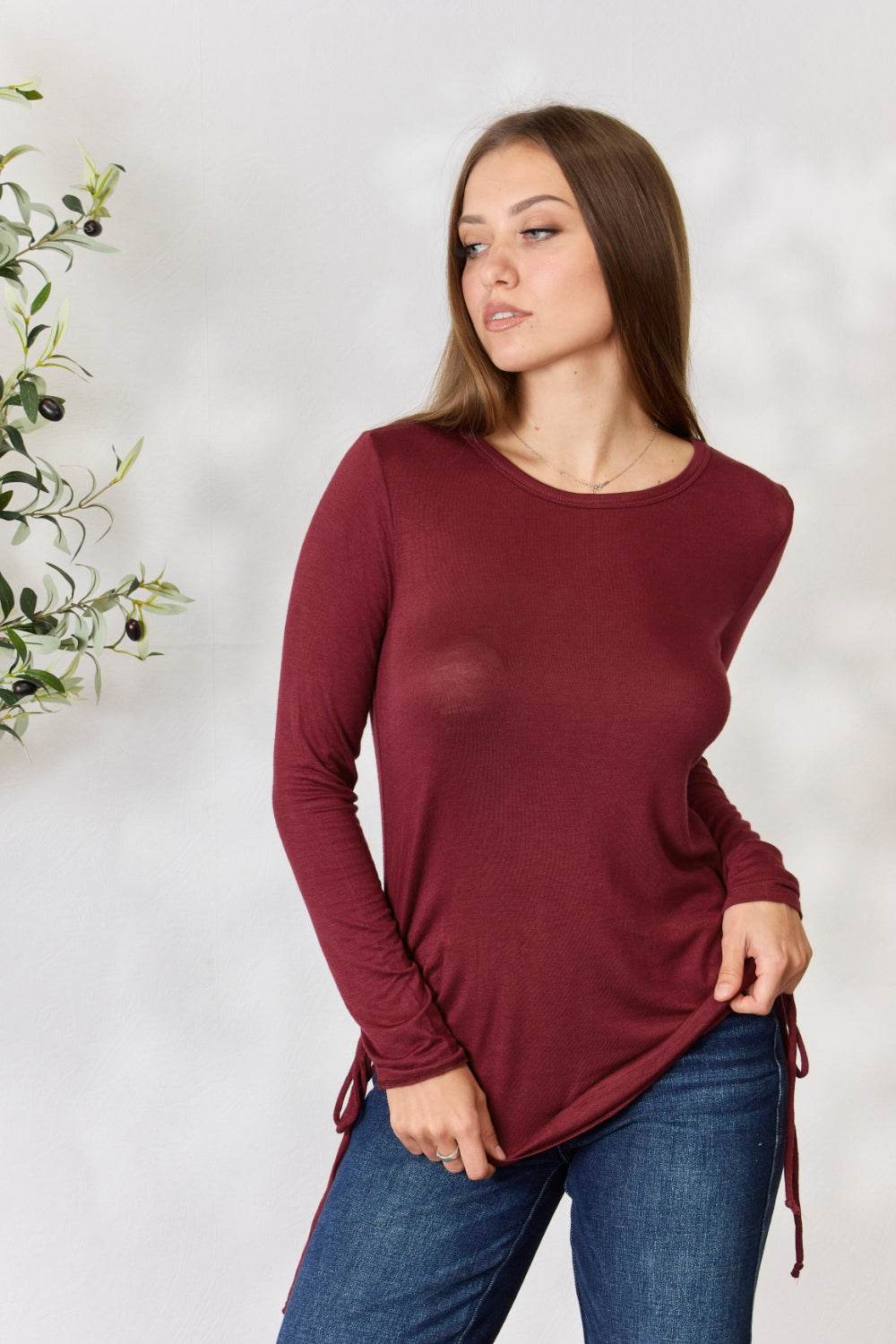 Culture Code Full Size Drawstring Round Neck Long Sleeve Top - DaTrendStore.Com