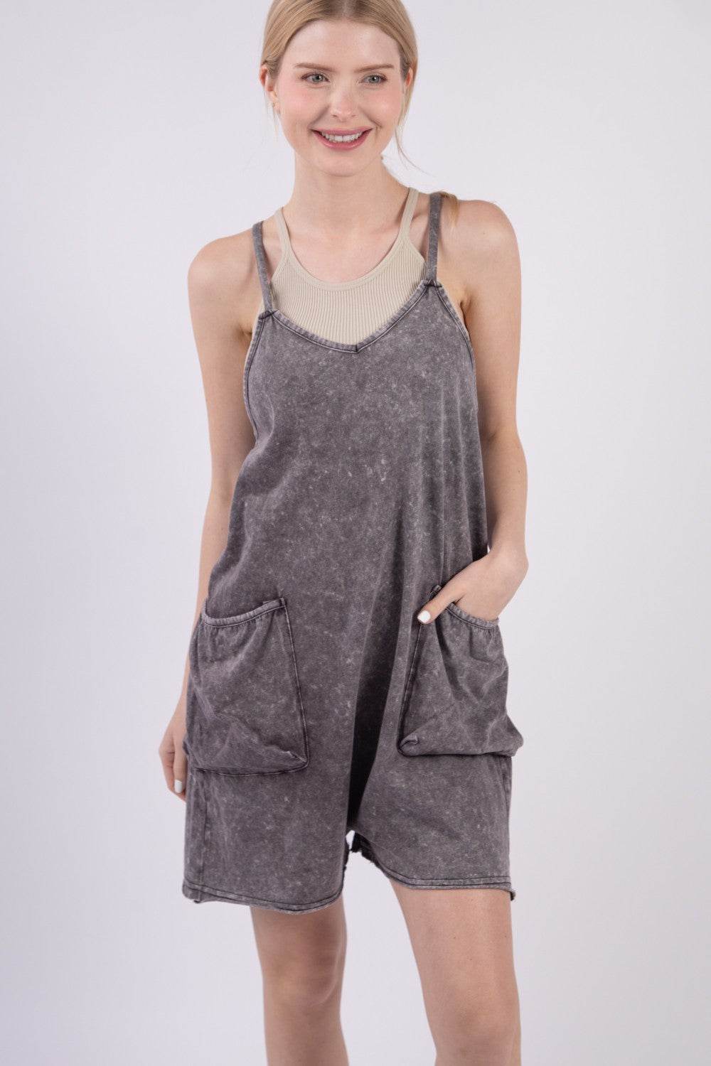 VERY J V-Neck Sleeveless Washed Romper - DaTrendStore.Com