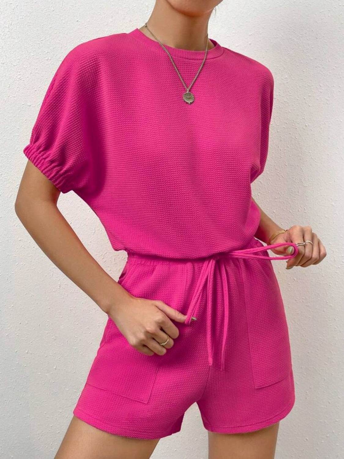 Waffle-Knit Round Neck T-Shirt and Pocketed Shorts Lounge Set - DaTrendStore.Com
