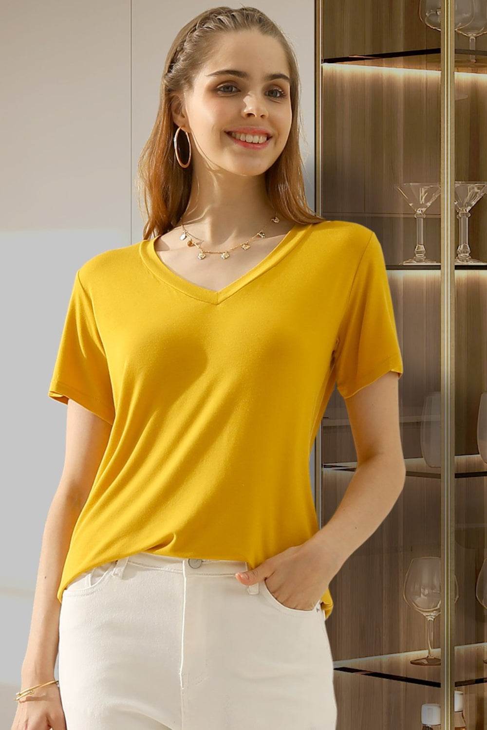 Ninexis Full Size V-Neck Short Sleeve T-Shirt - DaTrendStore.Com