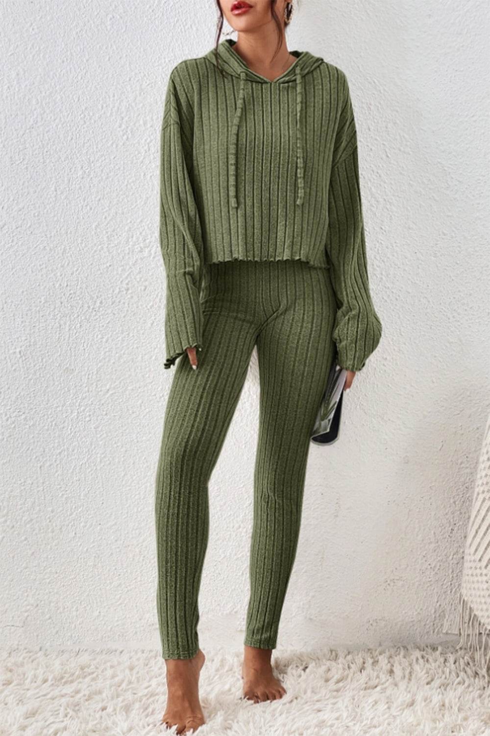 Lettuce Hem Dropped Shoulder Hooded Top and Pants Set - DaTrendStore.Com
