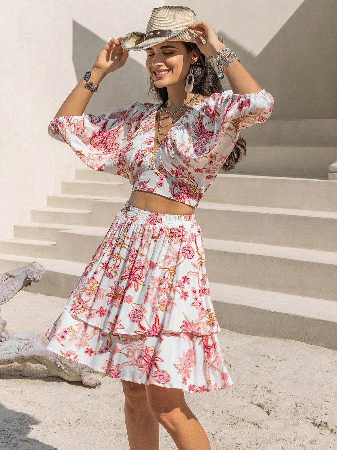 Printed Half Sleeve Top and Layered Skirt Set - DaTrendStore.Com