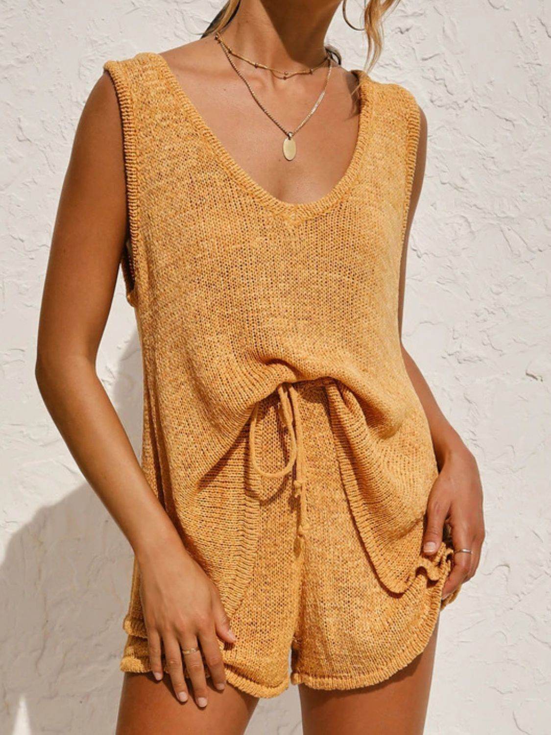 V-Neck Sleeveless Top and Drawstring Shorts Sweater Set - DaTrendStore.Com
