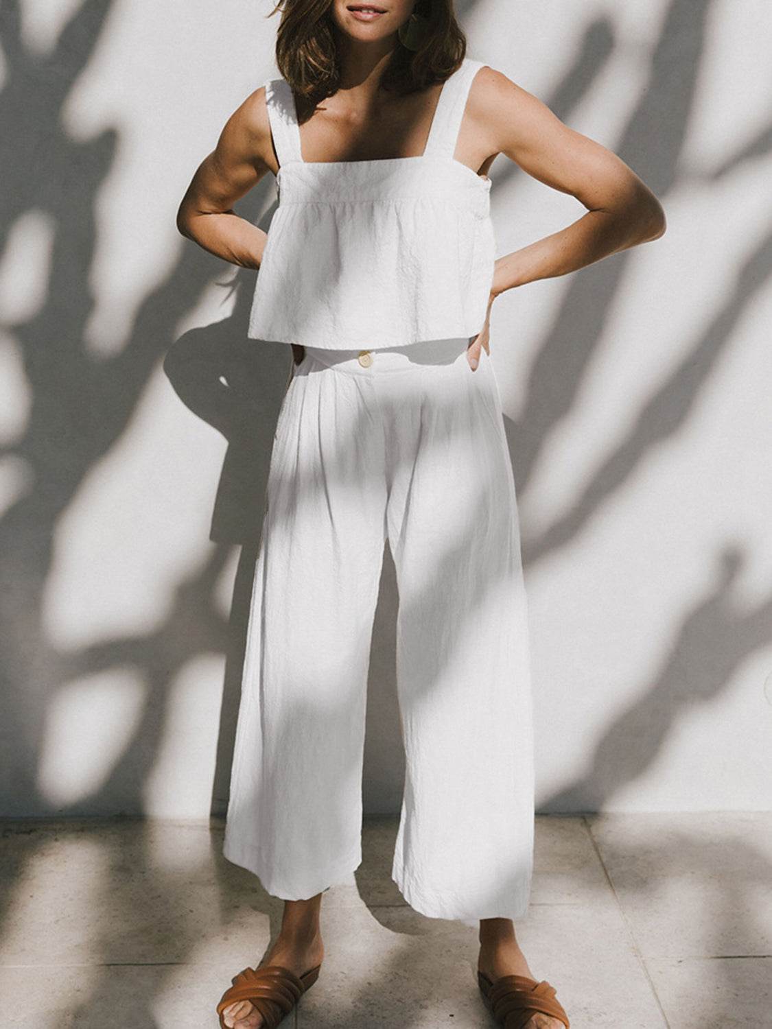 Square Neck Wide Strap Top and Pants Set - DaTrendStore.Com