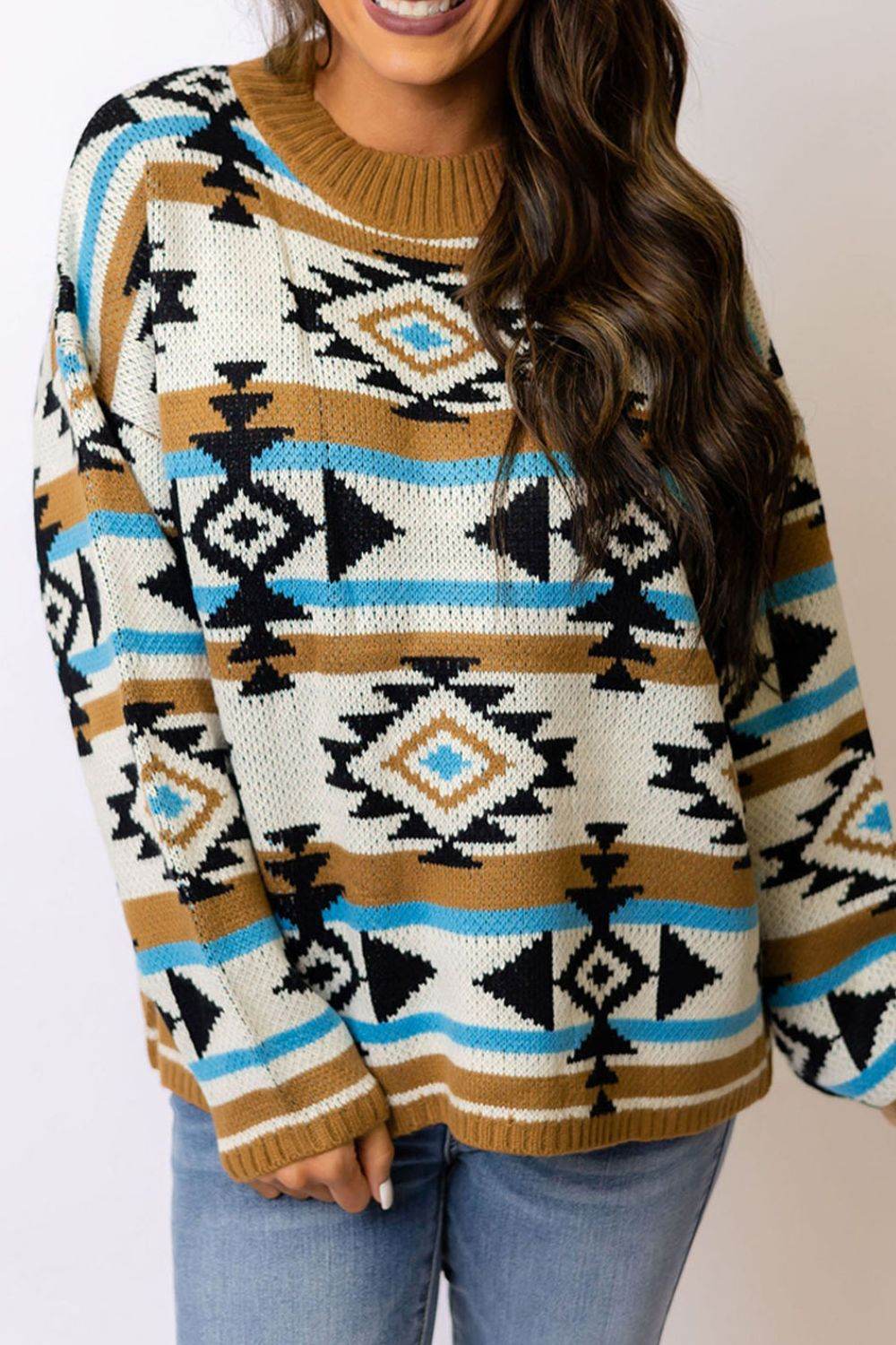 Geometric Round Neck Long Sleeve Sweater - DaTrendStore.Com