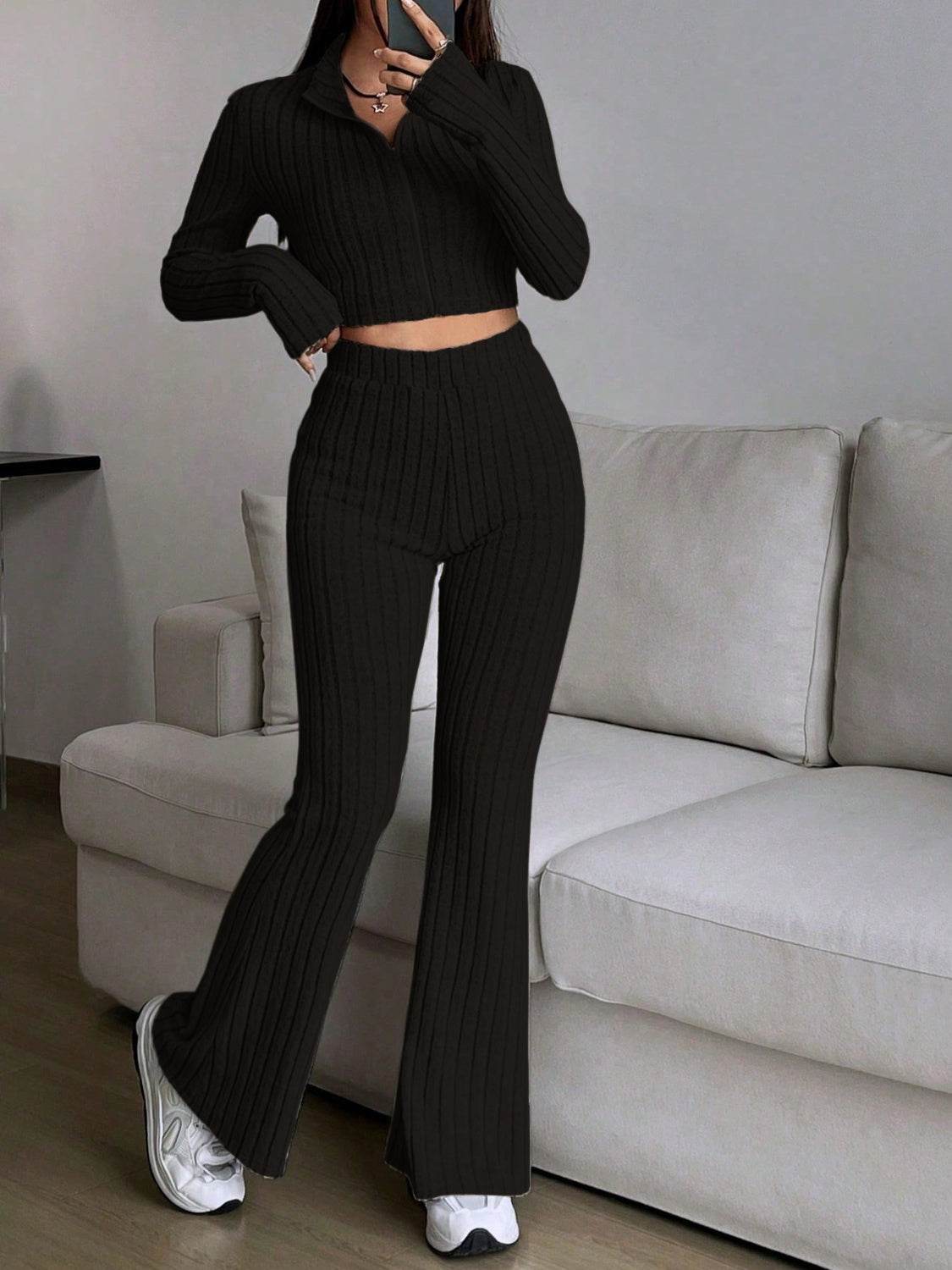 Honey Zip Up Long Sleeve Top and Pants Set - DaTrendStore.Com