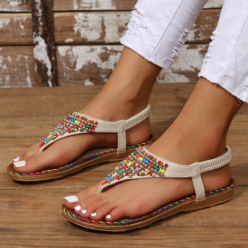 PU Leather Beaded Flat Sandals - DaTrendStore.Com
