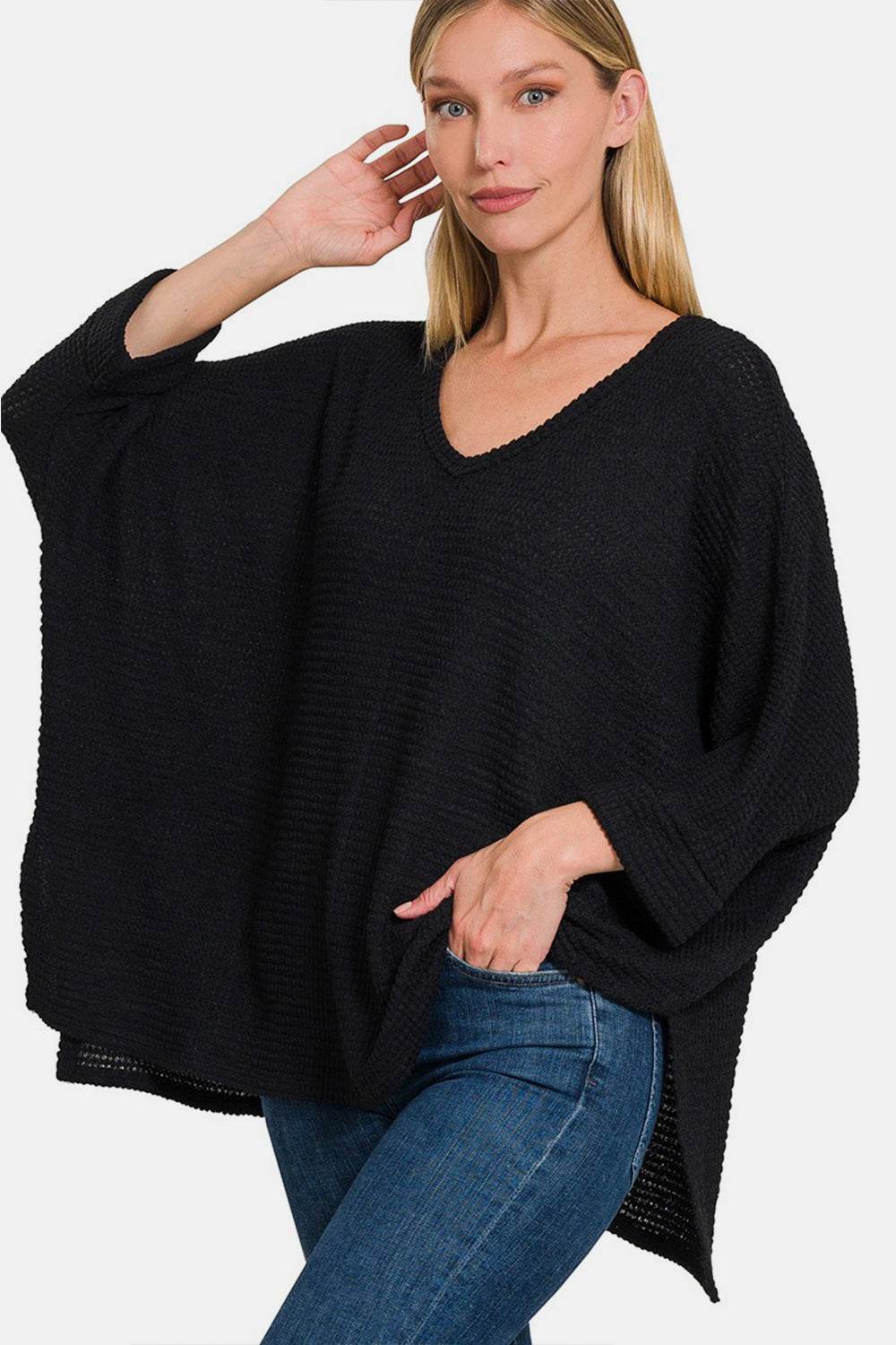 Zenana Full Size Waffle Knit V-Neck Long Sleeve Slit Top - DaTrendStore.Com