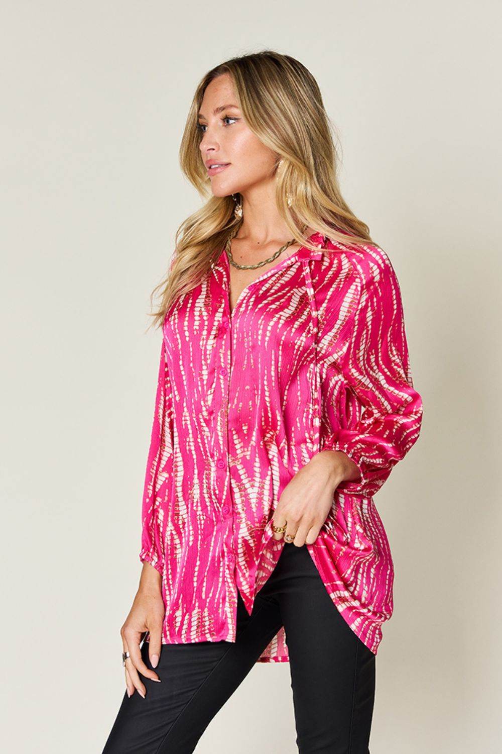 Double Take Full Size Printed Button Up Long Sleeve Shirt - DaTrendStore.Com