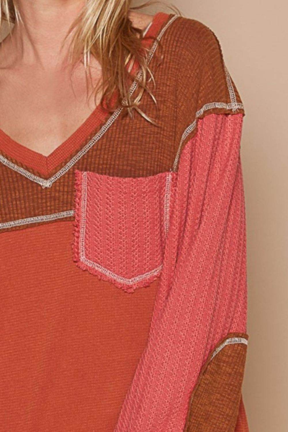POL V-Neck Knit Panel Exposed Seam Top - DaTrendStore.Com