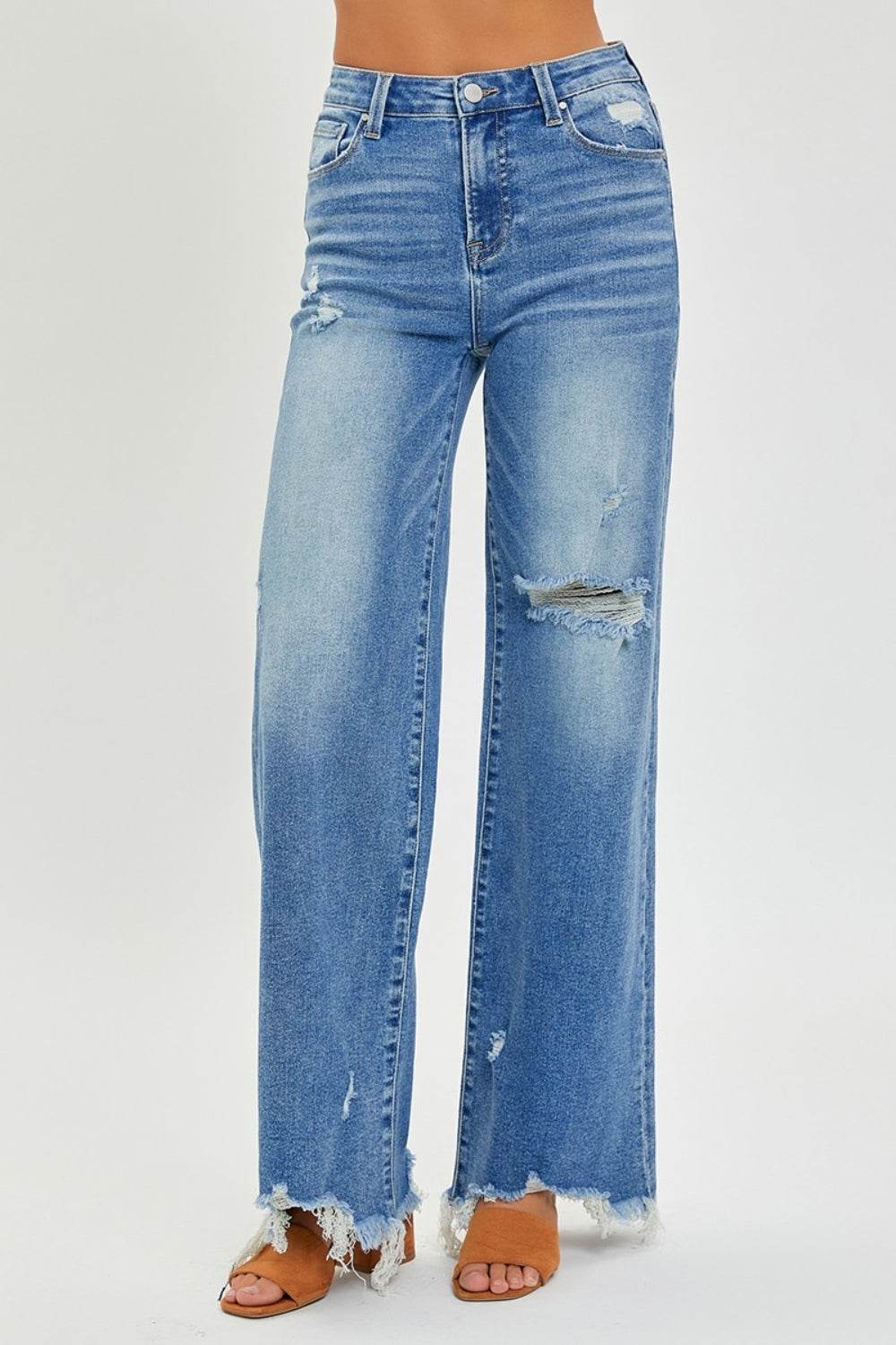 RISEN Full Size High Rise Frayed Hem Wide Leg Jeans - DaTrendStore.Com