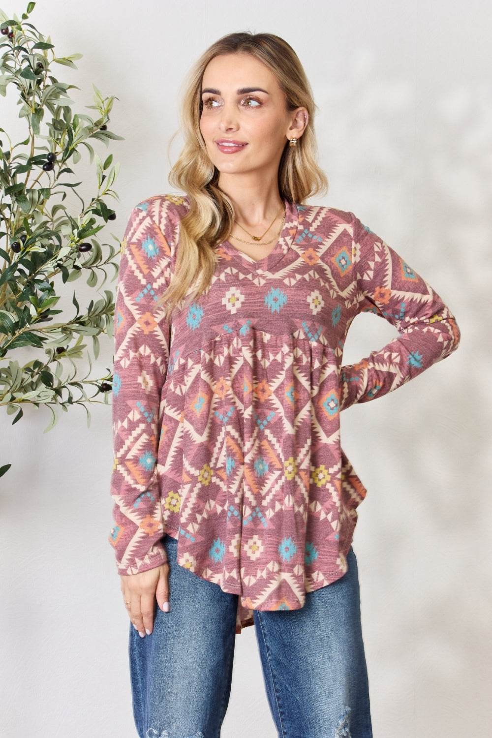 Heimish Full Size Geometric V-Neck Babydoll Top - DaTrendStore.Com