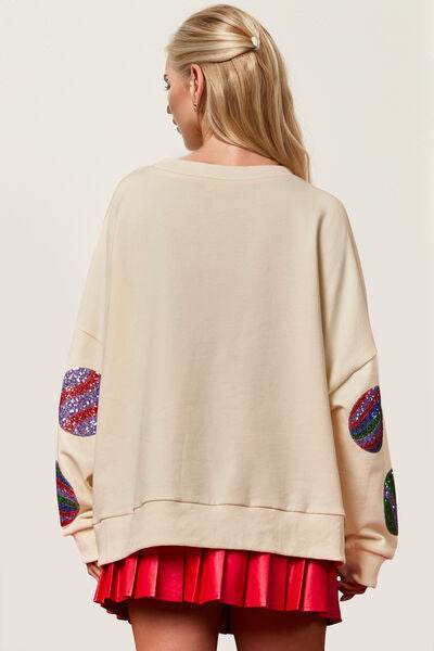 Double Take Christmas Element Sequin Round Neck Long Sleeve Sweatshirt - DaTrendStore.Com