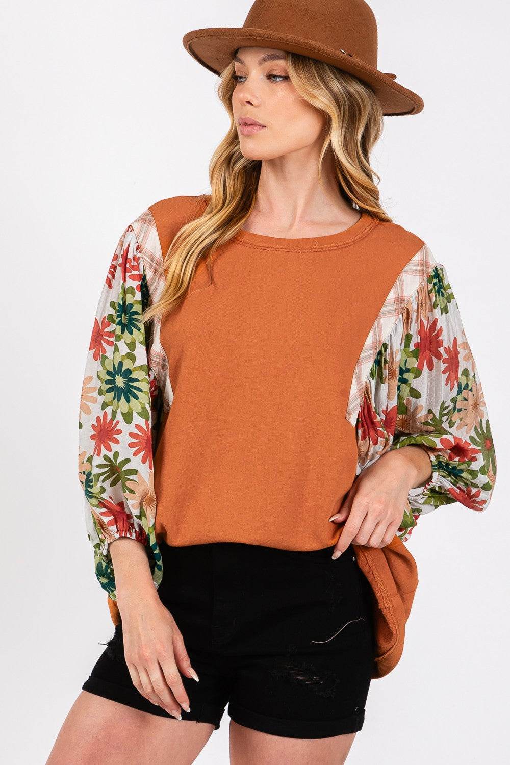 SAGE + FIG Full Size Printed Balloon Sleeve Contrast Top - DaTrendStore.Com