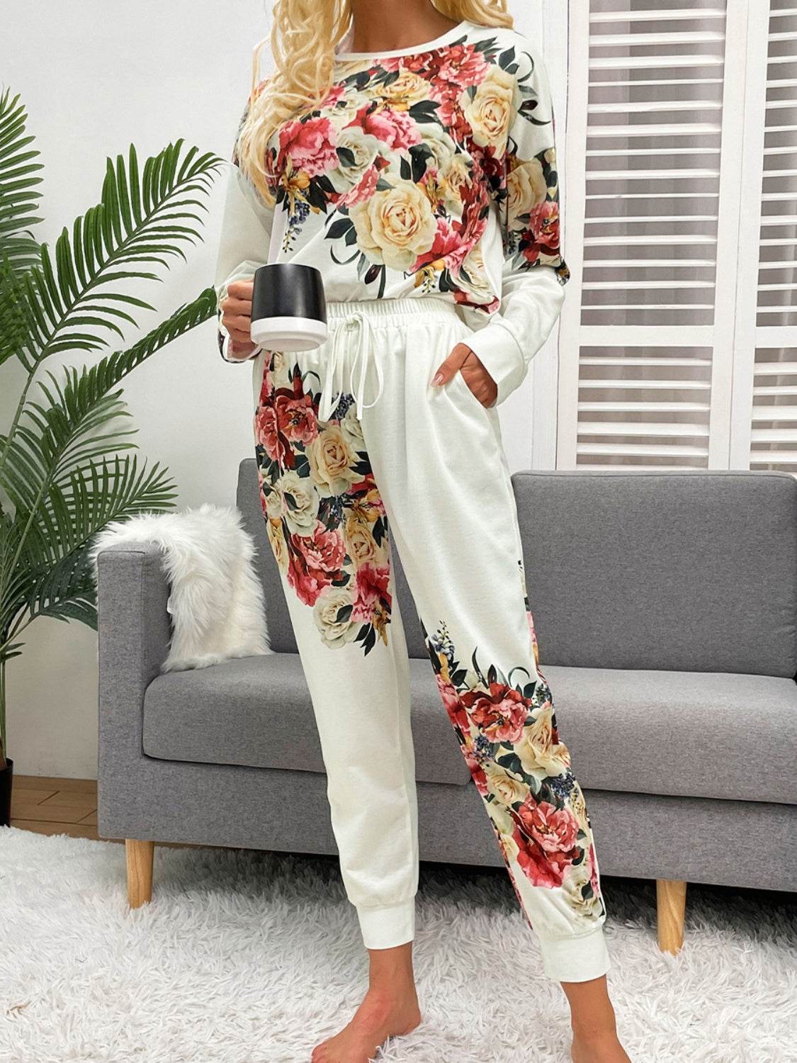 Shiny Printed Round Neck Top and Pants Lounge Set - DaTrendStore.Com