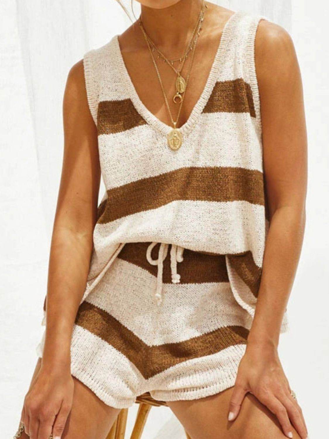 V-Neck Sleeveless Top and Drawstring Shorts Sweater Set - DaTrendStore.Com