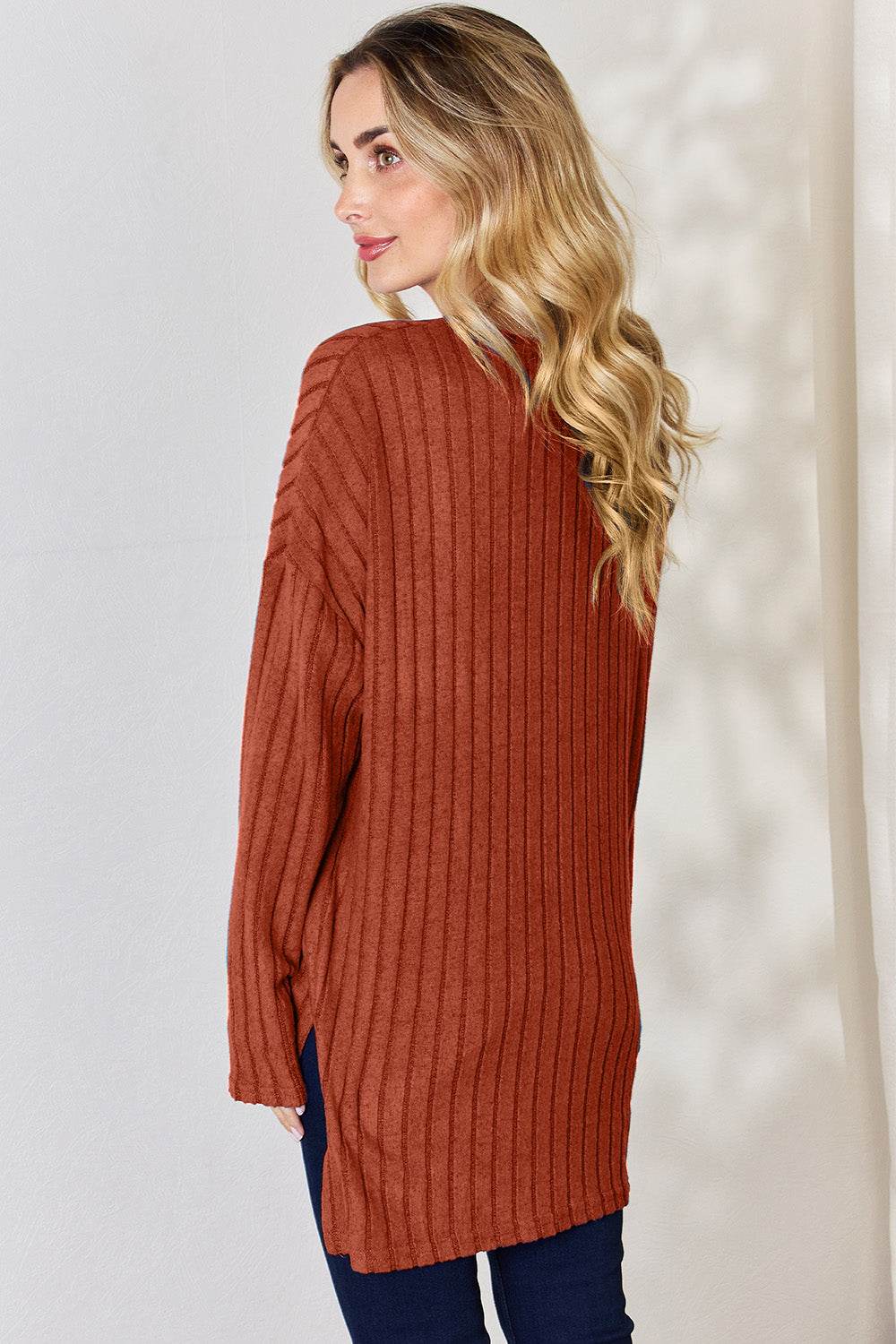 Basic Bae Full Size Ribbed Half Button Long Sleeve High-Low T-Shirt - DaTrendStore.Com