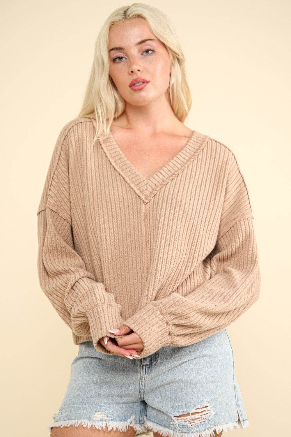 VERY J Exposed Seam V-Neck Ribbed Knit Top - DaTrendStore.Com