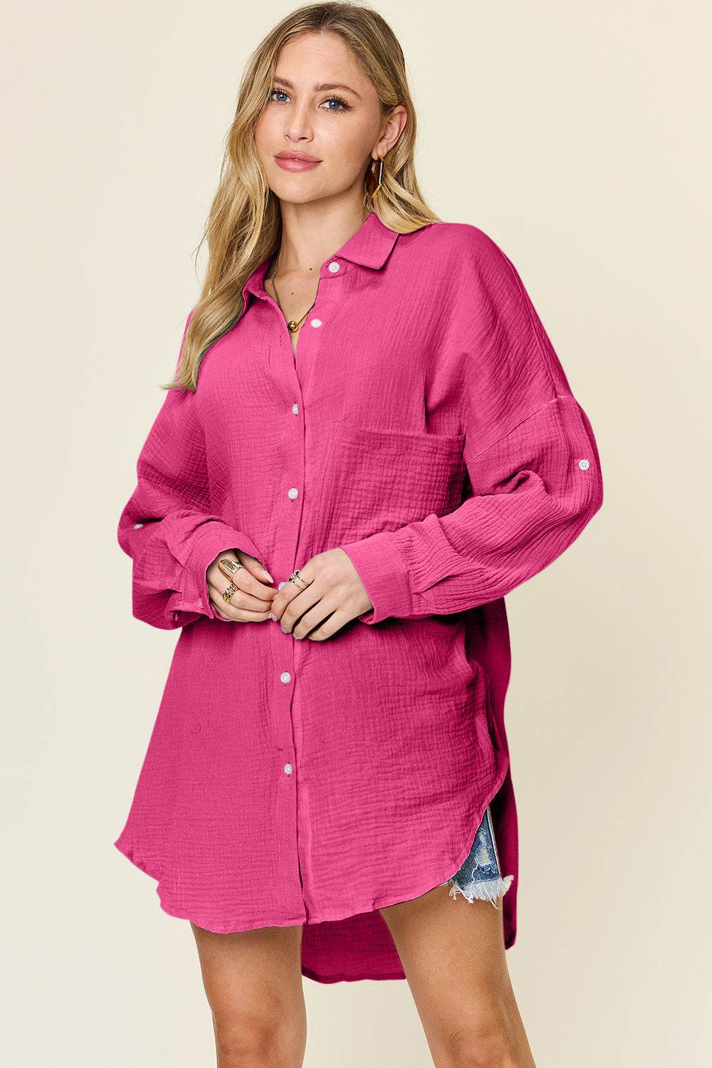 Double Take Full Size Pocketed Texture Button Up Shirt - DaTrendStore.Com