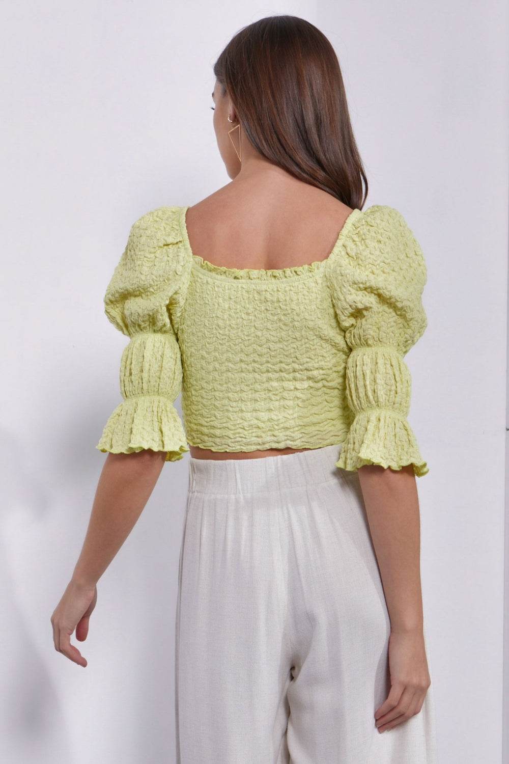 Mustard Seed Crinkle Texture Puff Sleeve Crop Top - DaTrendStore.Com
