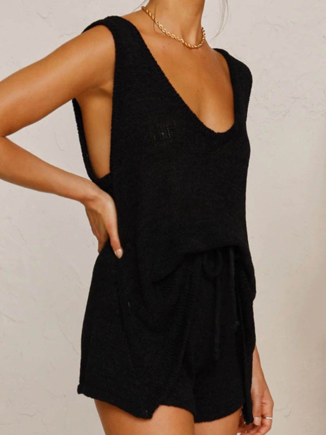 V-Neck Sleeveless Top and Drawstring Shorts Sweater Set - DaTrendStore.Com